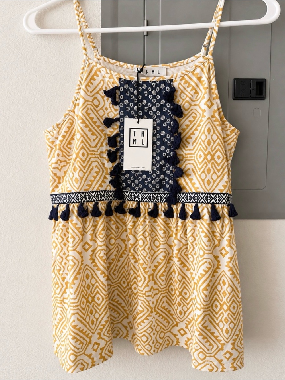 THML Yellow Printed Tank Top with Navy Tassel Trim